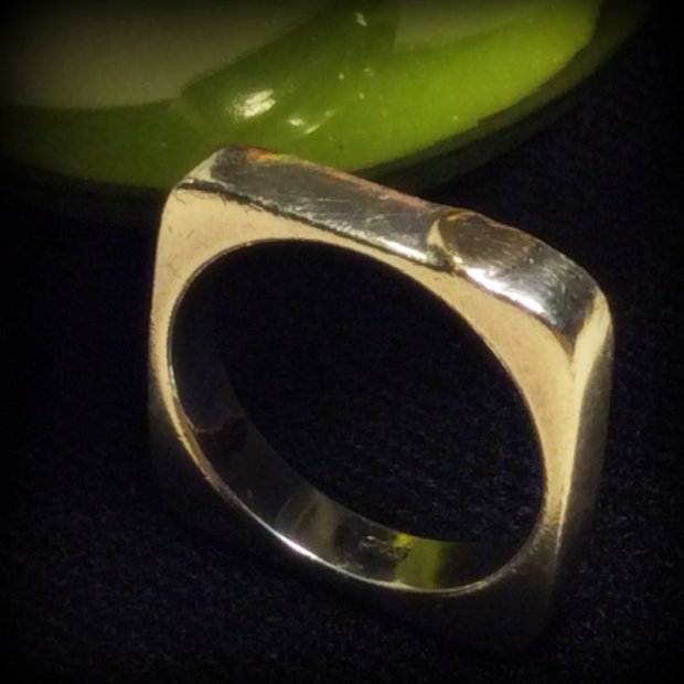 ring, square, silver with gold heart