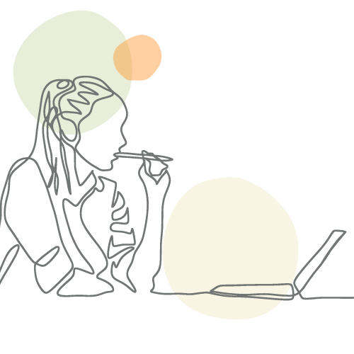 line art thinking at laptop drafting a piece