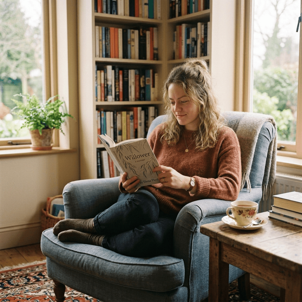 Woman reading The Midnight Library in a sunlit armchair beside coffee